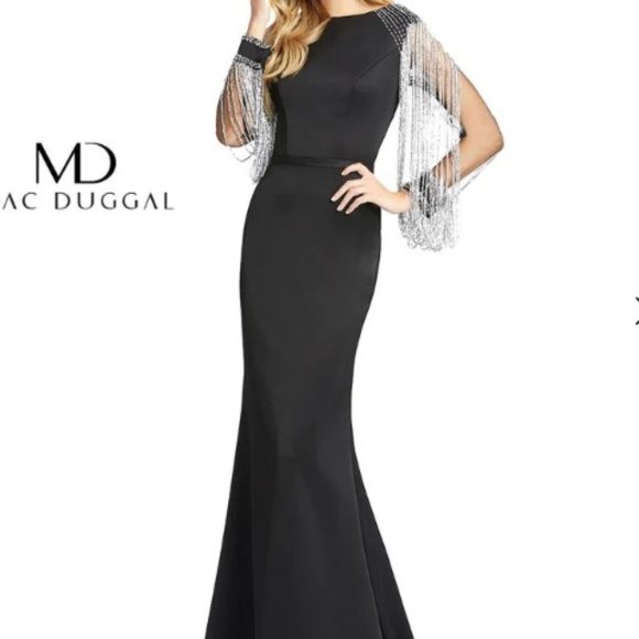 Mac Duggal 20116 Black Gown with Beaded Sleeves - Picture 1 of 15
